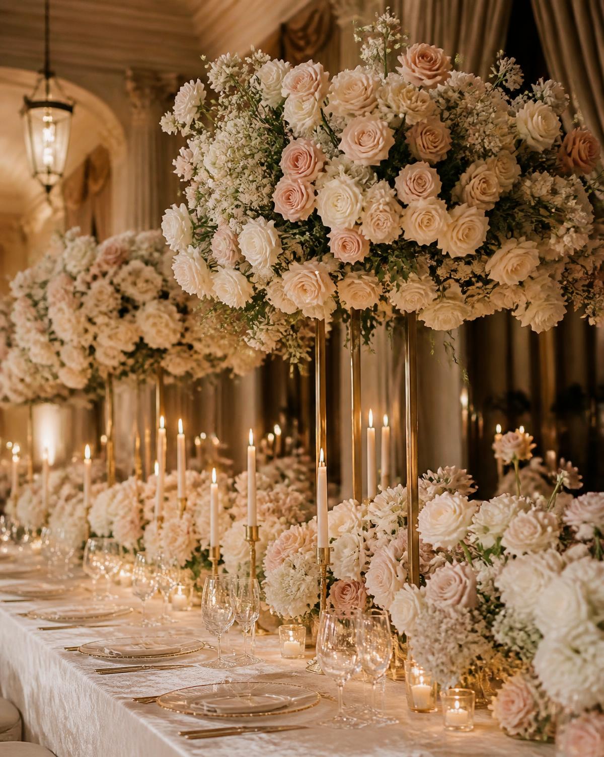 Candlelit reception table with tall ivory and blush floral arrangements