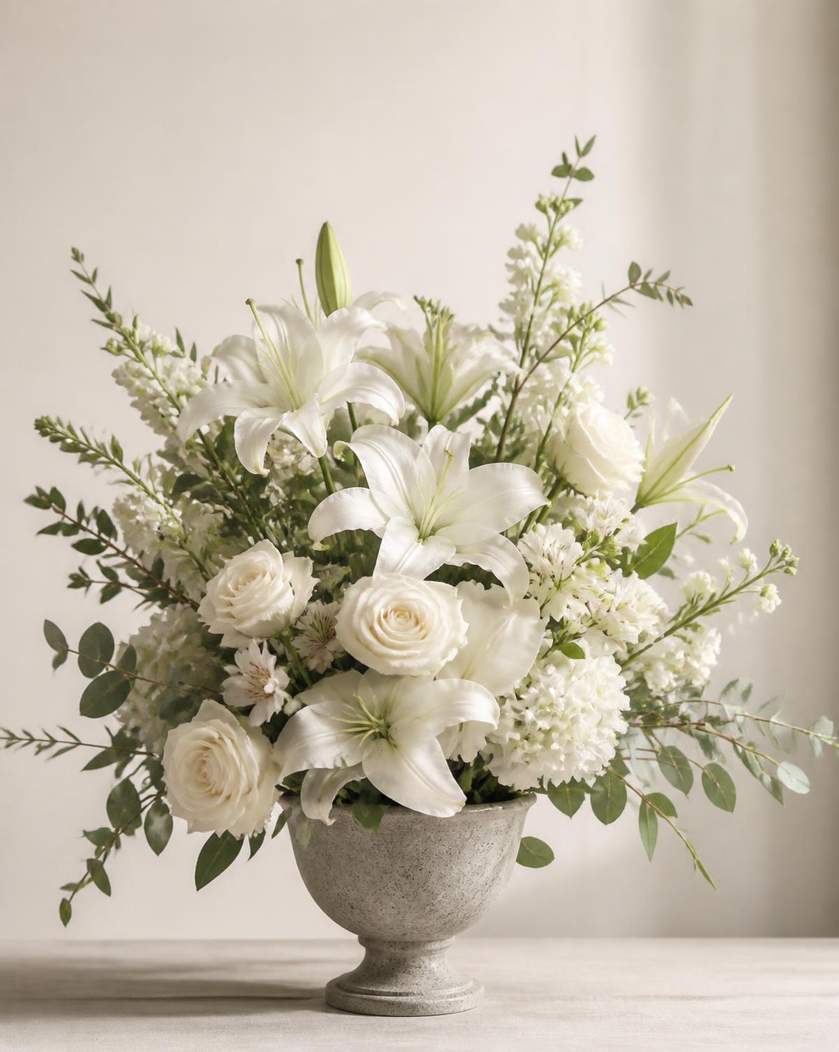 White lily and rose sympathy arrangement in a stone urn